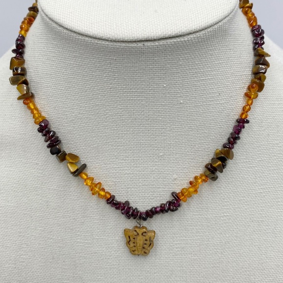 Sterling Silver Amber, Tiger Eye, Garnet Chip Beaded Necklace Butterfly Pendant - Picture 1 of 11